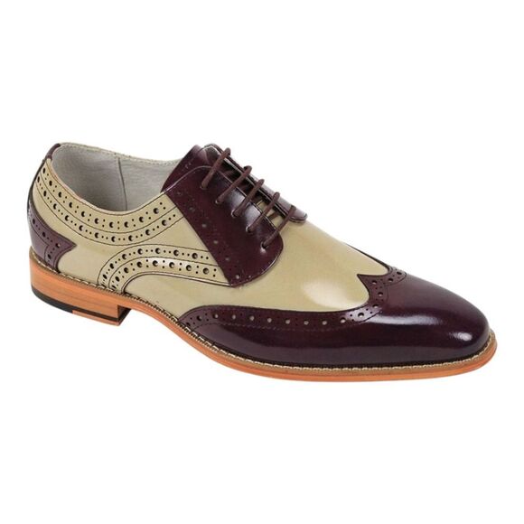 GIOVANNI MEN'S BURGUNDY/ NATURAL LEATHER WING TIP DRESS SHOE. TROY. - Picture 2 of 2